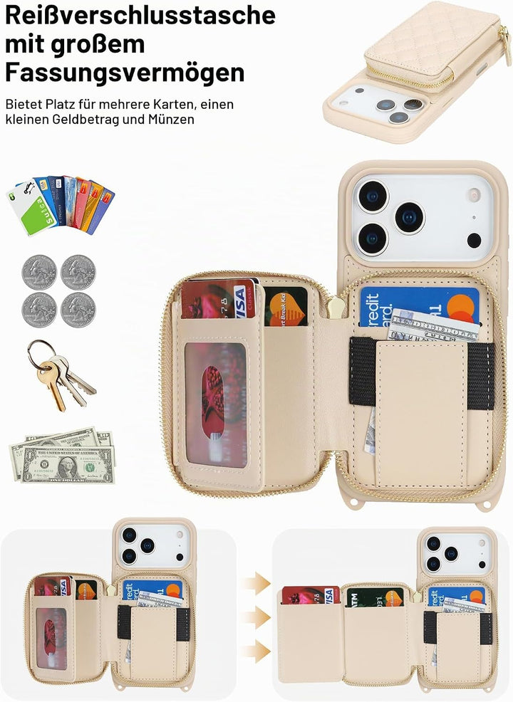 ELTEKER Handyhülle für iPhone 17 Pro Hülle mit Band Verstellbarem Schultergurt, Reissverschluss Geld