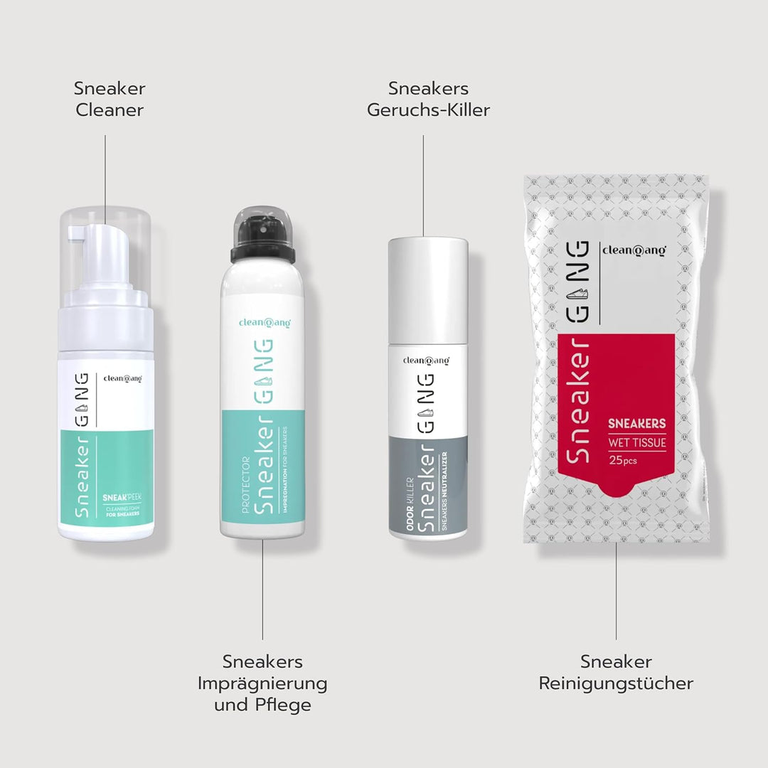 cleangang Premium Sneaker Reinigungsset, Reiniger, Spray &amp; Deo, Tücher | inkl. Imprägnierspray &amp; feu