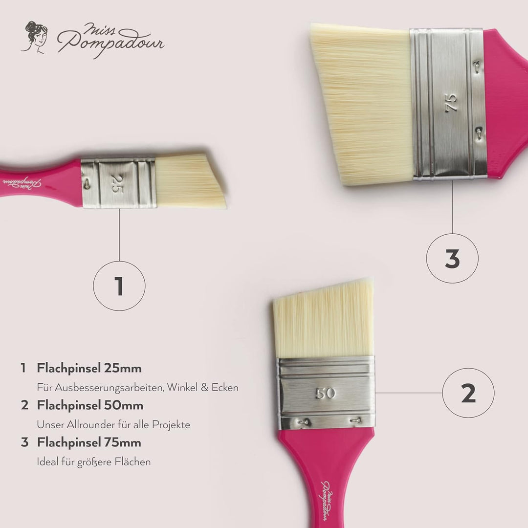 MissPompadour 3er Pinselset für Wandfarbe, Kreidefarbe, Holzfarbe, Möbelfarbe - Malerset mit 3 Pinse