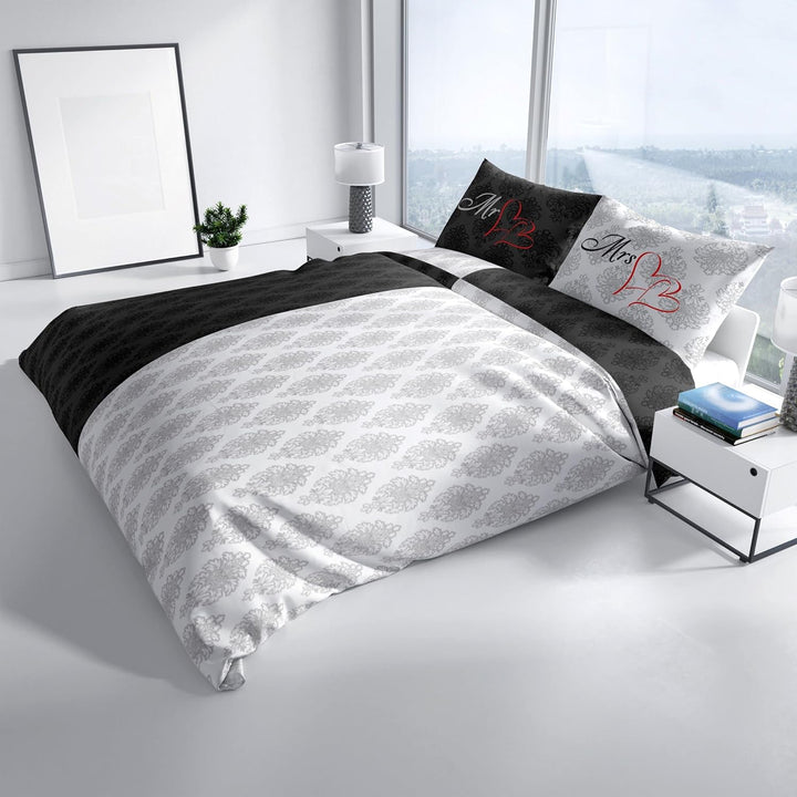 Leonado Vicenti 4tlg. Bettwäsche Mr und Mrs 135x200 Partnerbettwäsche-Set Herz Rot Bezug Kissen mit