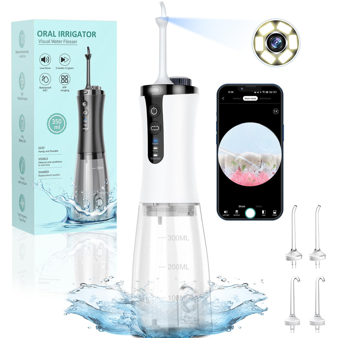 Visuell Munddusche Kabellos, IPX7 Wasserdicht, 5 Multifunktionale Jet-Tipps, 350ML WassertankTestsie
