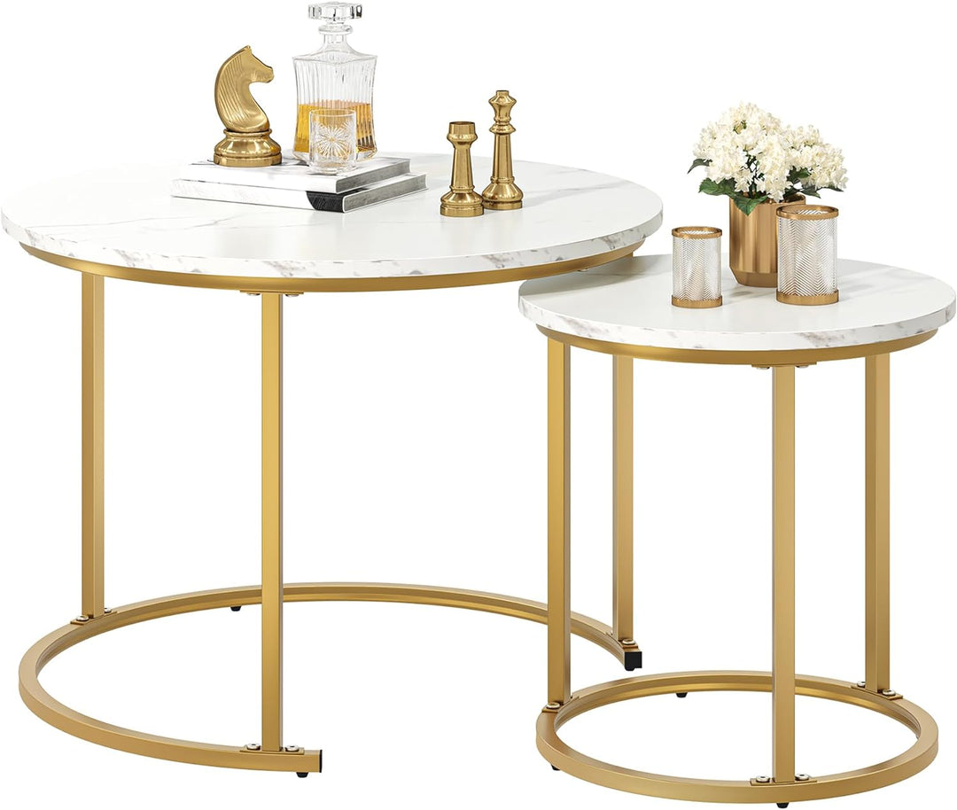 YITAHOME Couchtisch 2er Set Rund, Wohnzimmertisch Modern, Stapelbar, mit Stauraum, Holzplatte, Metal
