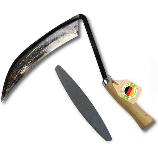 Kleine Sensensichel/Sichel inkl. gratis Schleifstein - mit Holzstiel - für Rechtshänder 14 cm
