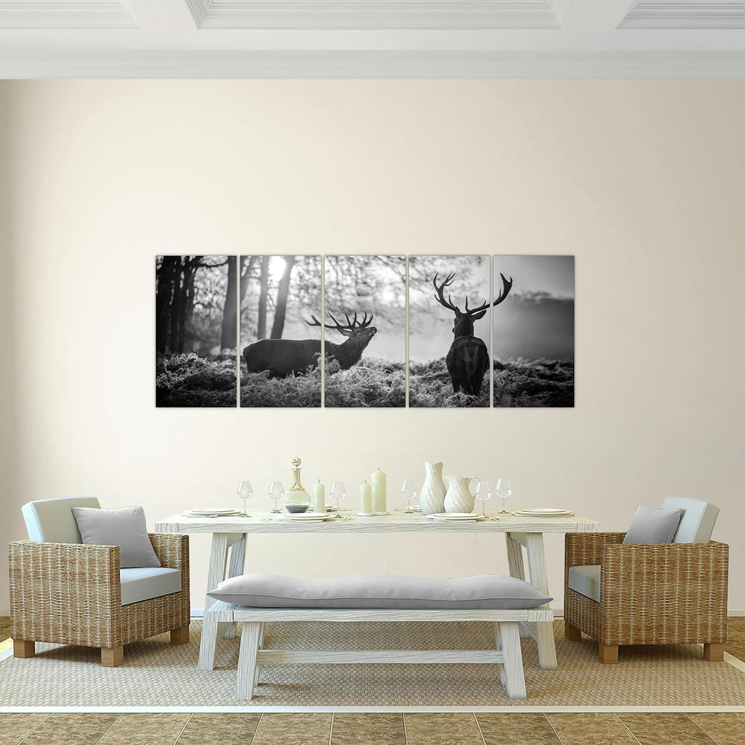 Runa Art Wandbild XXL Winter Hirsch Wohnzimmer Schlafzimmer 200 x 80 cm Schwarz Weiss 5 Teilig - Mad