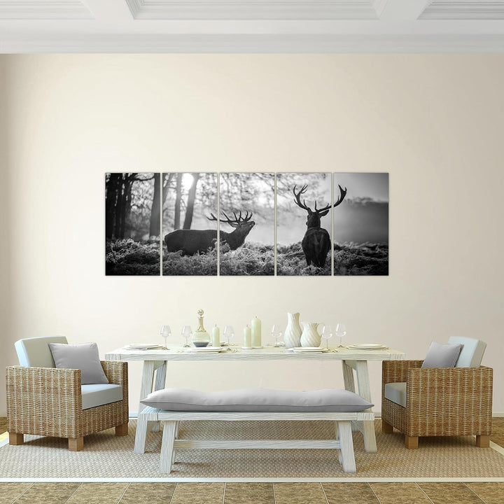 Runa Art Wandbild XXL Winter Hirsch Wohnzimmer Schlafzimmer 200 x 80 cm Schwarz Weiss 5 Teilig - Mad