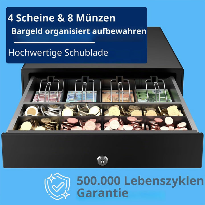 Kassenschublade für Drucker Kassenbelege und Registrierkasse. 4 Banknoten / 8 Münzen (Euro) - Schwar