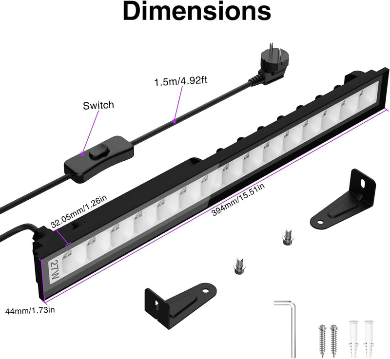 Onforu 27W LED Schwarzlicht, UV Bar Schwarzlichtlampe mit Stecker, IP66 Wasserdicht UV Strahler Auss