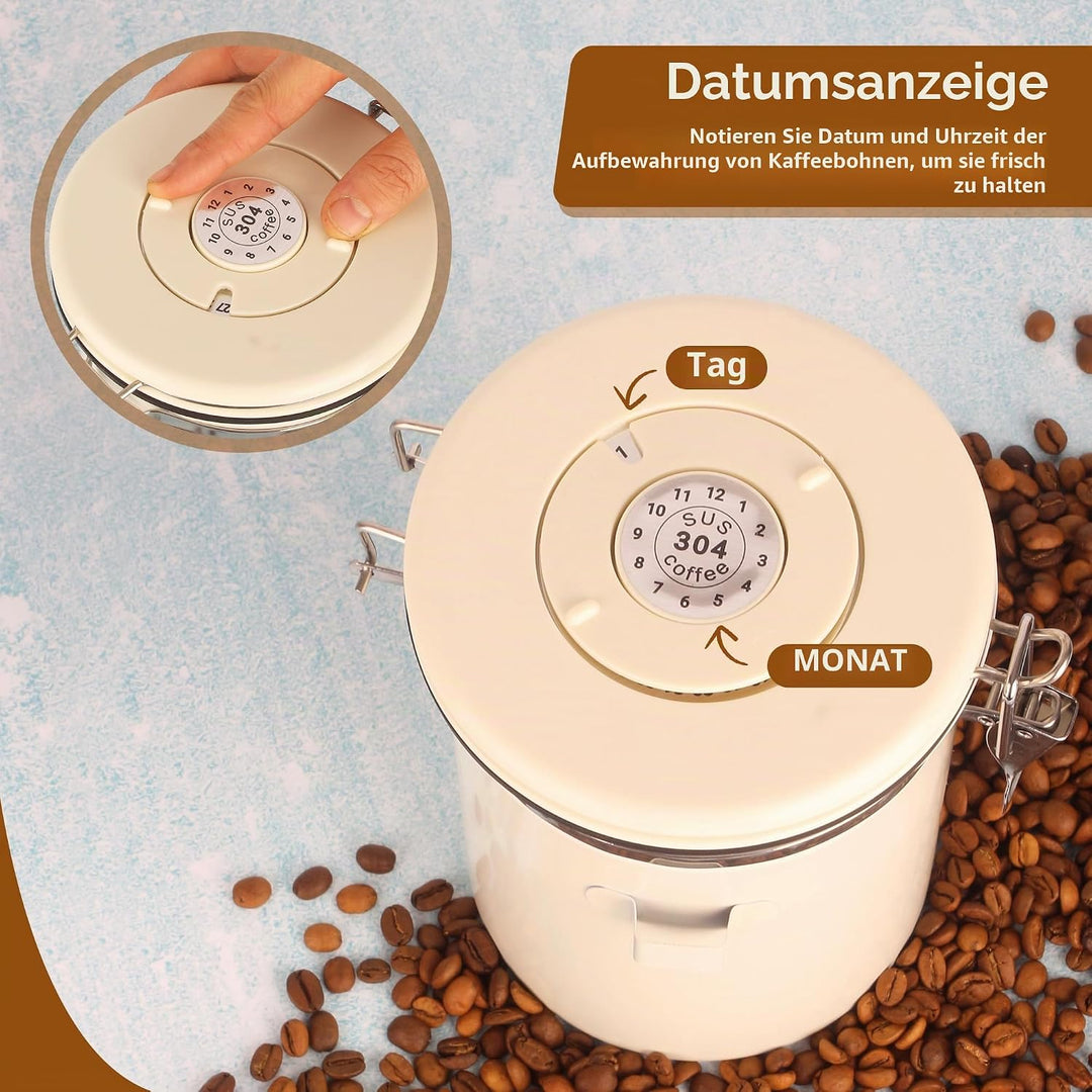 Kaffeedose Luftdicht(1,8 L), Kaffeebehälter, aus Edelstahl, Mit Edelstahl-Löffel, Zeitspeicherfunkti