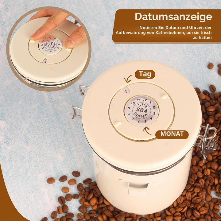 Kaffeedose Luftdicht(1,8 L), Kaffeebehälter, aus Edelstahl, Mit Edelstahl-Löffel, Zeitspeicherfunkti