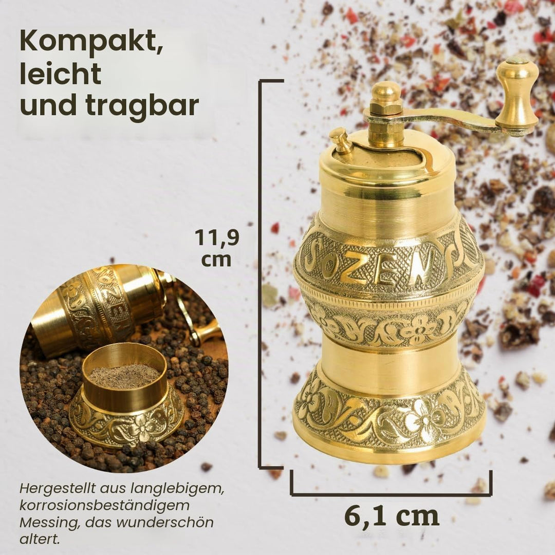 Handgefertigte Sozen Pfeffermühle, manuelle Messingmühle, Istanbul Crafted 11,9 cm, tragbare konisch