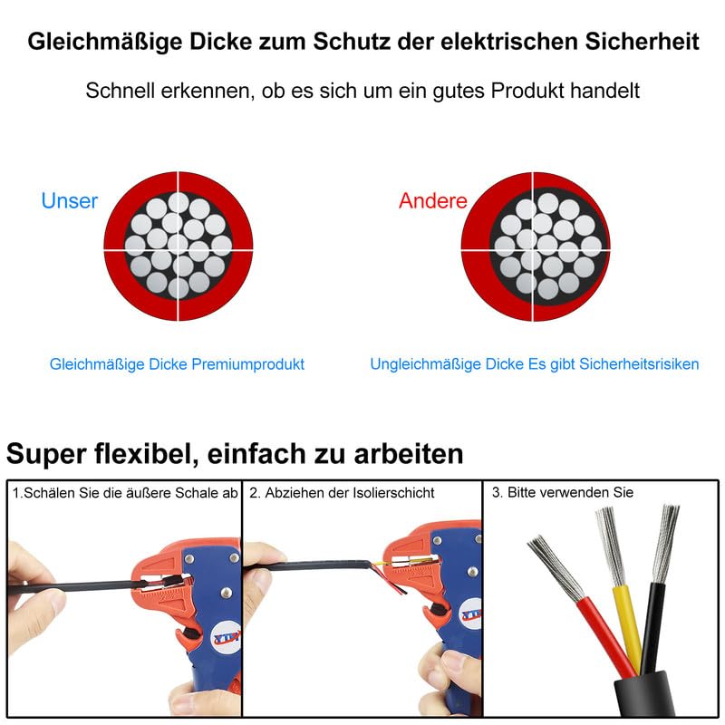30 Meter 16AWG 3x1,5mm² Elektrischer Draht, 3 Adrig Kabel Erdkabel 5V/12V/24V Stromkabel Verzinntes