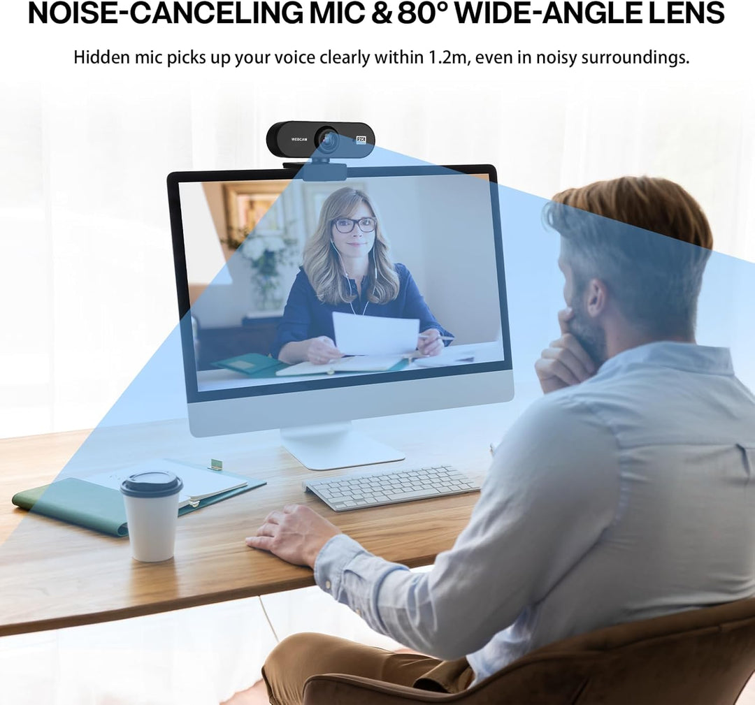 Webcam 2K 30FPS, Full HD Kamera USB PC Micro Winkel Verstellbar 80°Sichtfeld Plug and Play für Compu