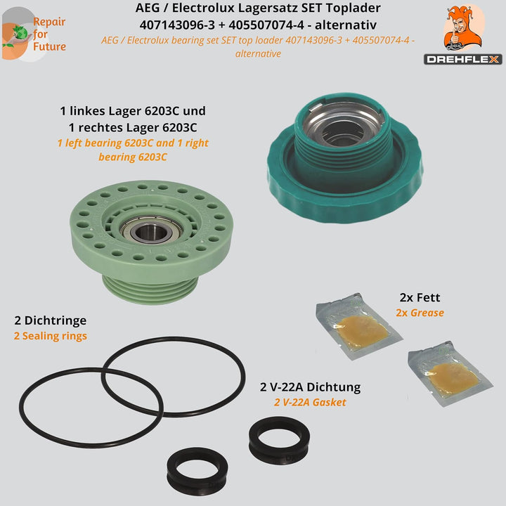 DREHFLEX - Lagersatz SET Toplader kompatibel für AEG/Electrolux 4055070744 + 4071430963 / für rechts