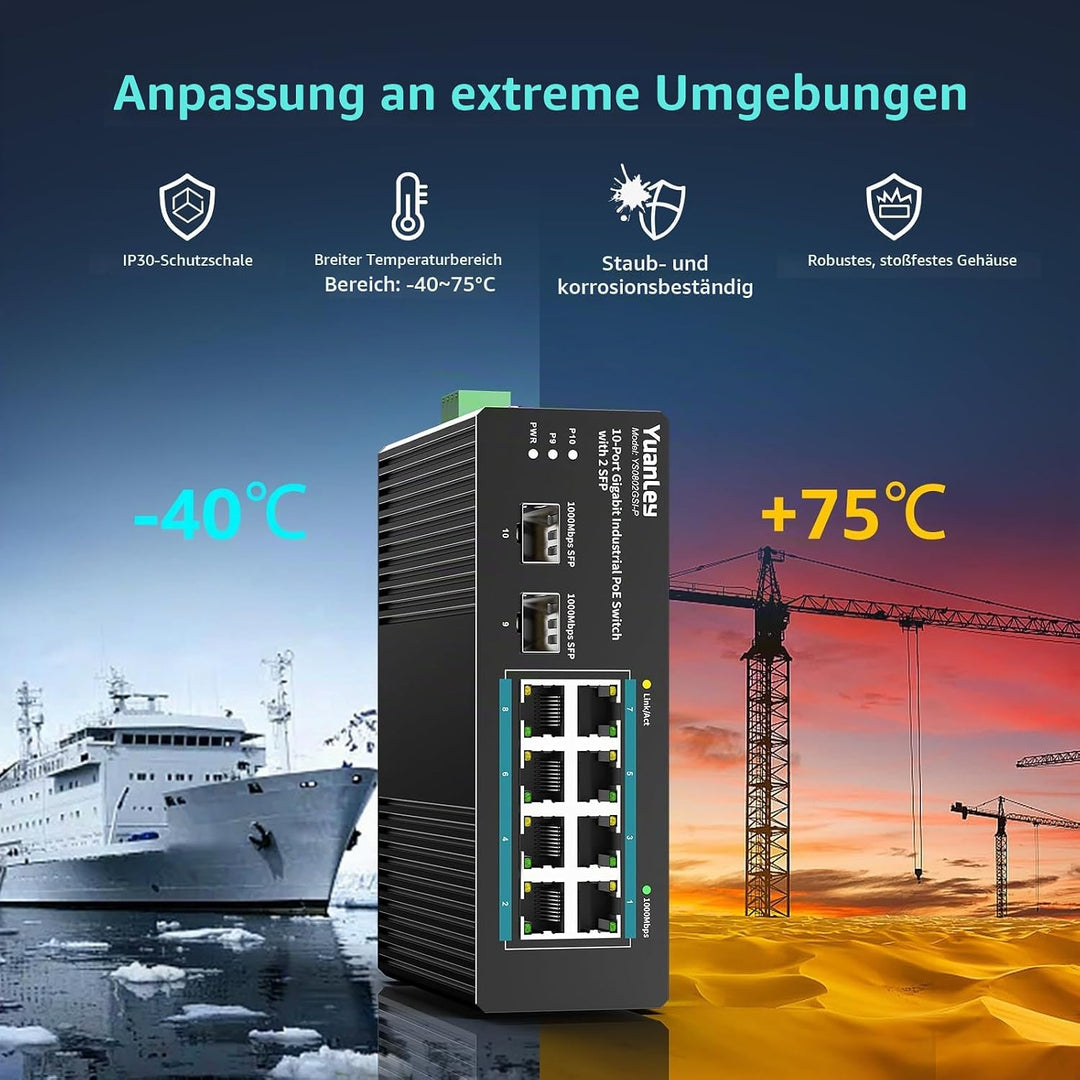 YuanLey 10-Port Industrie-Switch mit 8X PoE Gigabit &amp; 2X SFP Ports, Unmanaged PoE Switch mit 120W Ne