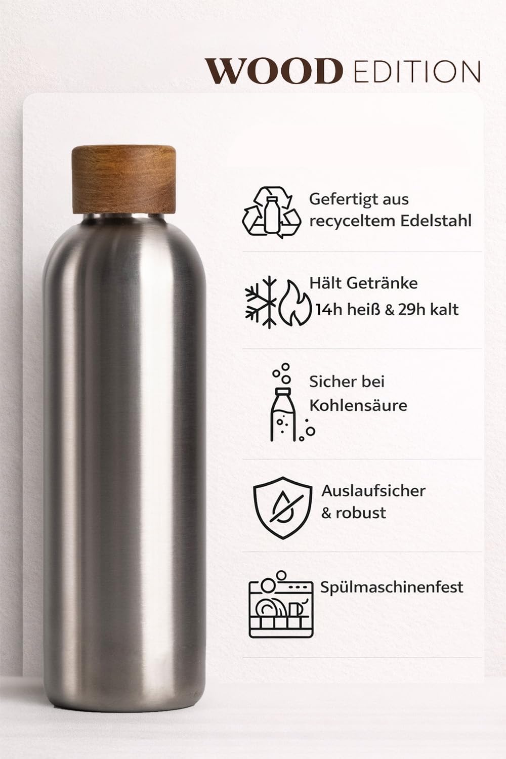 T&amp;N Edelstahl Trinkflasche 750ml, Thermosflasche 0.75l mit Akazienholz Deckel, Isolierte Wasserflasc