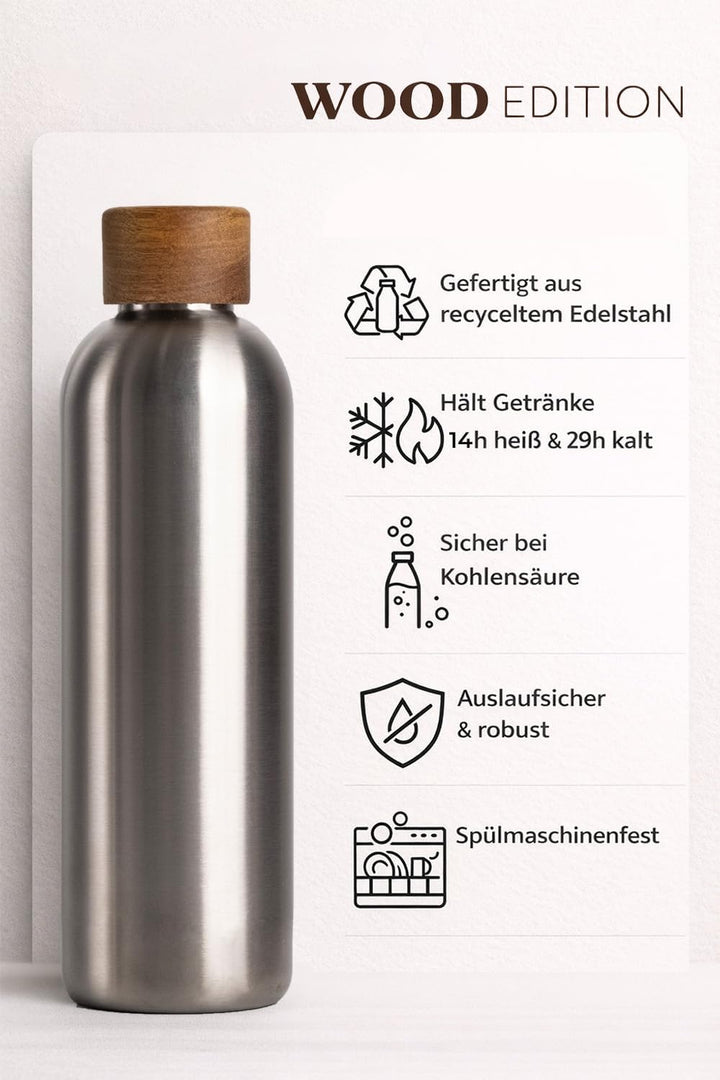 T&amp;N Edelstahl Trinkflasche 750ml, Thermosflasche 0.75l mit Akazienholz Deckel, Isolierte Wasserflasc
