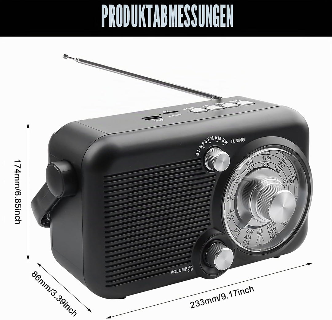 Tragbares Radio mit Bluetooth, AM,FM,SW Kofferradio, Strom & Batteriebetrieb, Eingebautem Lautsprech