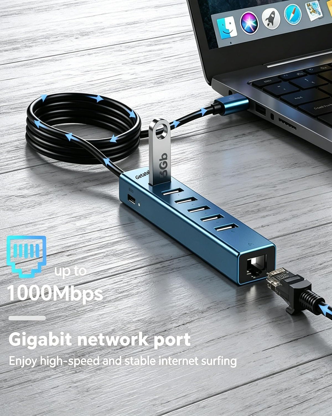 120cm USB auf Ethernet Adapter mit 6-Port USB 3.0 Hub, RJ45 Gigabit Netzwerkadapter, Typ-C 5V Input,