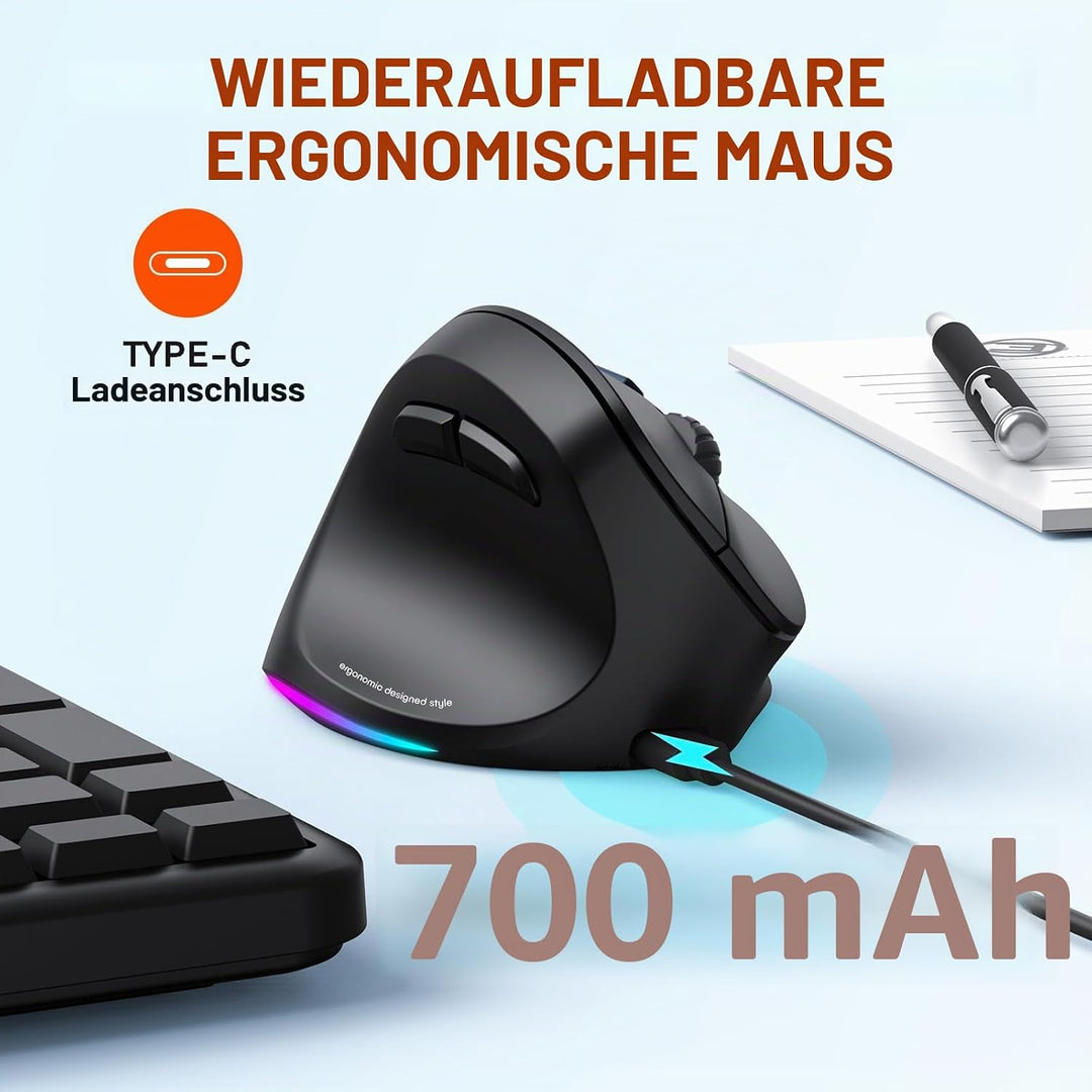 MEETION Linkshänder-Maus, Ergonomisch, Kabellos, Vertikal, RGB für Bluetooth (5.2 + 3.0) und USB-A M