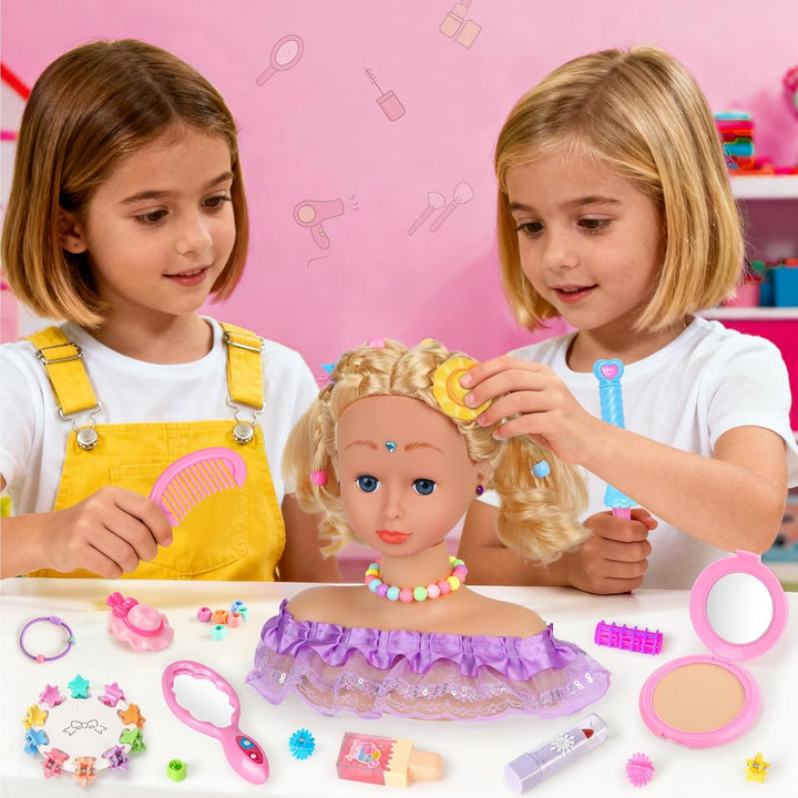 Frisierkopf Kinder Set, 66 Stück Schminkkopf für Mädchen Waschbar, Puppenkopf Zum Frisieren Kinder m