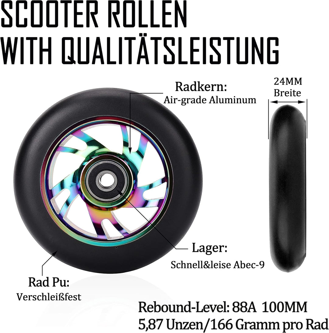 100mm Scooter Rollen - 2 Stück 100mm Scooter Ersatzräder räder mit ABEC-9 Lager - Aluminium 88A stun