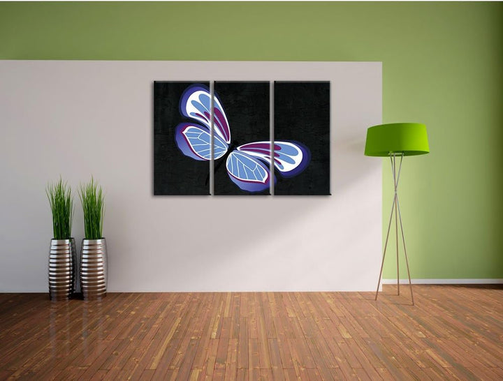 Pixxprint Hübscher lila-Blauer Schmetterling schwarz 3-Teiler Leinwandbild 120x80 Bild auf Leinwand