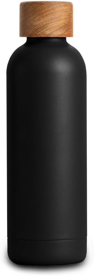 T&N Edelstahl Trinkflasche 500ml, Thermosflasche 0.5l mit Akazienholz Deckel, Isolierte Wasserflasch