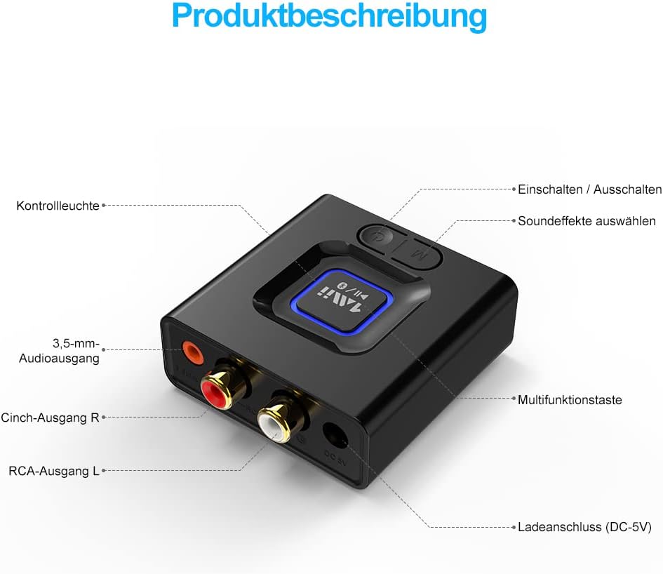 ML201 Adapter für Stereoanlage, Bluetooth 5.0 Empfänger mit 3.5mm AUX Cinch, drahtloser Audio Receiv
