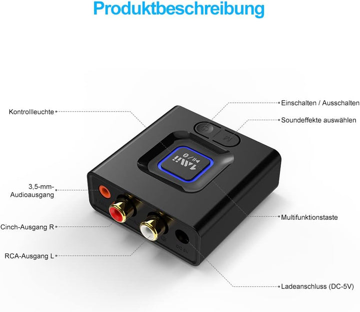 ML201 Adapter für Stereoanlage, Bluetooth 5.0 Empfänger mit 3.5mm AUX Cinch, drahtloser Audio Receiv