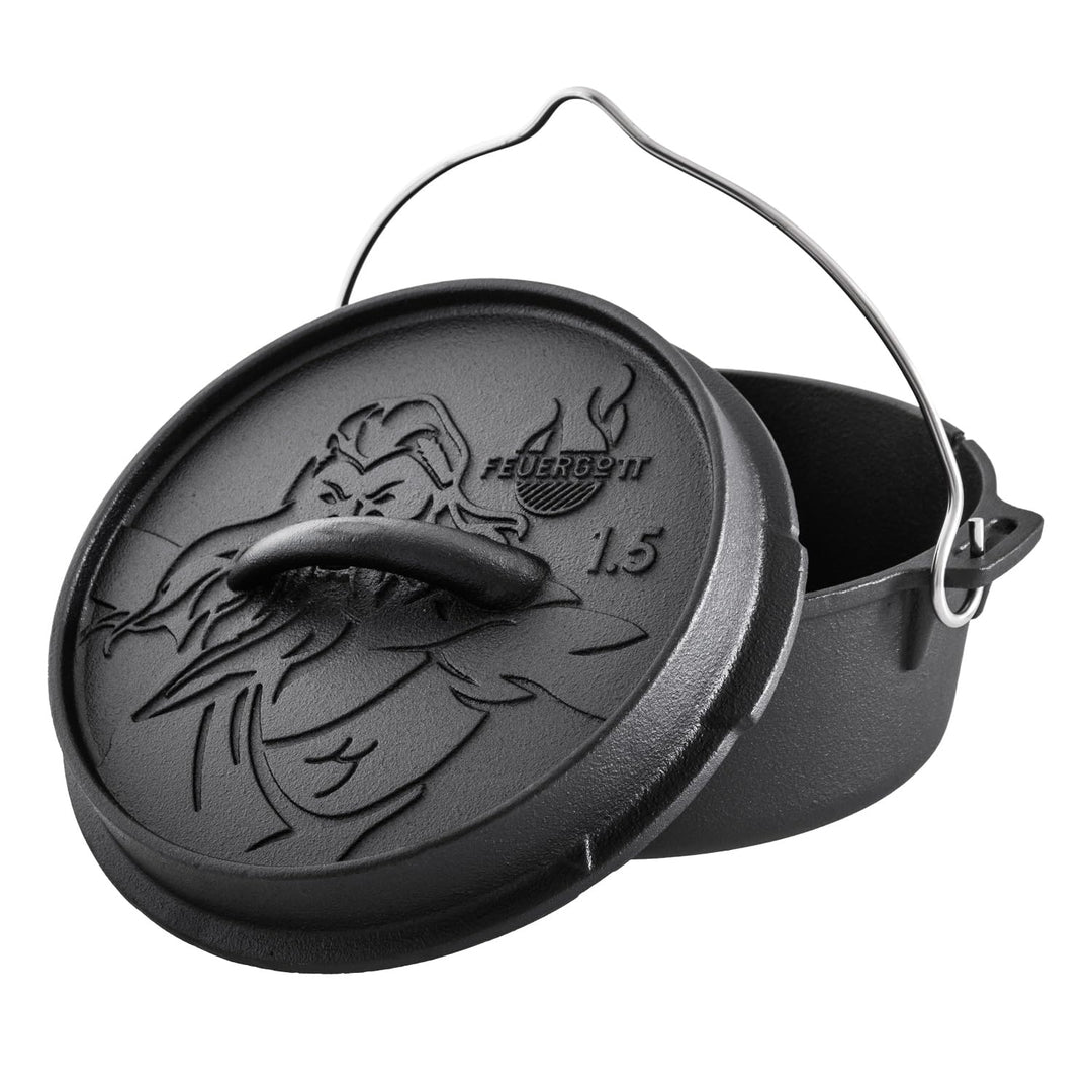 Dutch Oven Gusseisen 1,5 Liter ohne Füsse – Schmortopf, Bräter mit Deckel für Grill, Lagerfeuer, BBQ