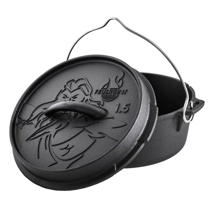 Dutch Oven Gusseisen 1,5 Liter ohne Füsse – Schmortopf, Bräter mit Deckel für Grill, Lagerfeuer, BBQ