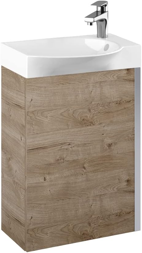VBChome Badmöbel Set 45 cm Weiss Waschbecken mit Eiche Hängeschrank Waschtisch 1-Türen Soft-Close Se