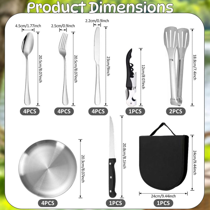 Camping Geschirr Set, Camping Besteck Edelstahl Inklusive Bestecktasche Edelstahl-Gabeln, Messer und