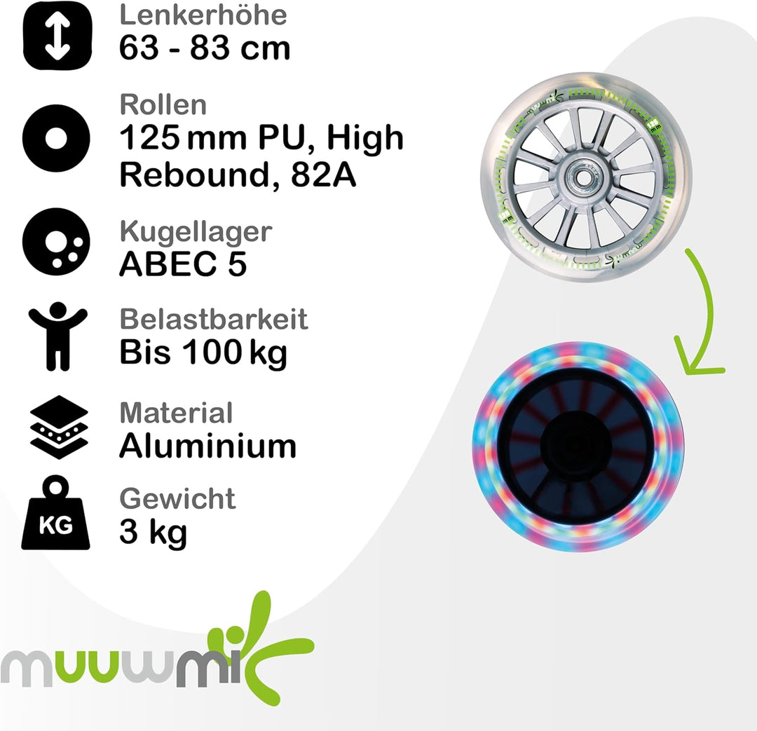 muuwmi Aluminium Scooter – Tretroller, 125 mm, ABEC 5, GS geprüft, höhenverstellbar Grün/Schwarz, Gr