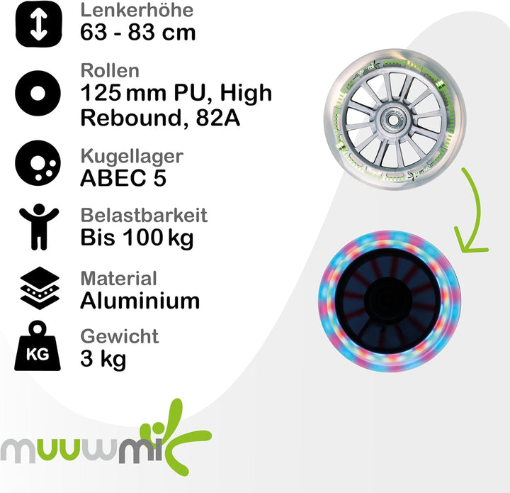 muuwmi Aluminium Scooter – Tretroller, 125 mm, ABEC 5, GS geprüft, höhenverstellbar Grün/Schwarz, Gr