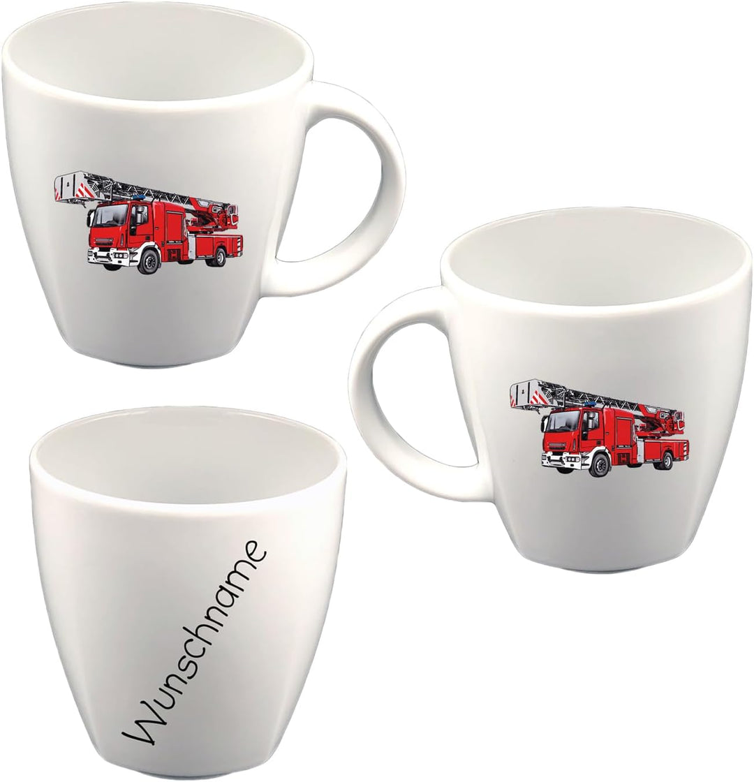 Kindergeschirr Frühstücksservice eckig 3-tlg. Porzellan Feuerwehr Teller Becher Schale personalisier