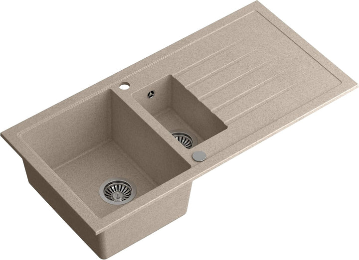 VBChome Spülbecken mit Armatur 100 x 50 cm Einzelbecken Beige Granit Rechteckig Reversibel Einbauspü