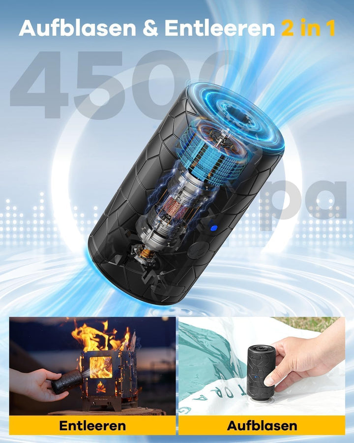 4500Pa Elektrische Luftpumpe,2500mAh Akku Luftpumpe Elektrisch für Aufblasen und Entleeren mit 4 Luf
