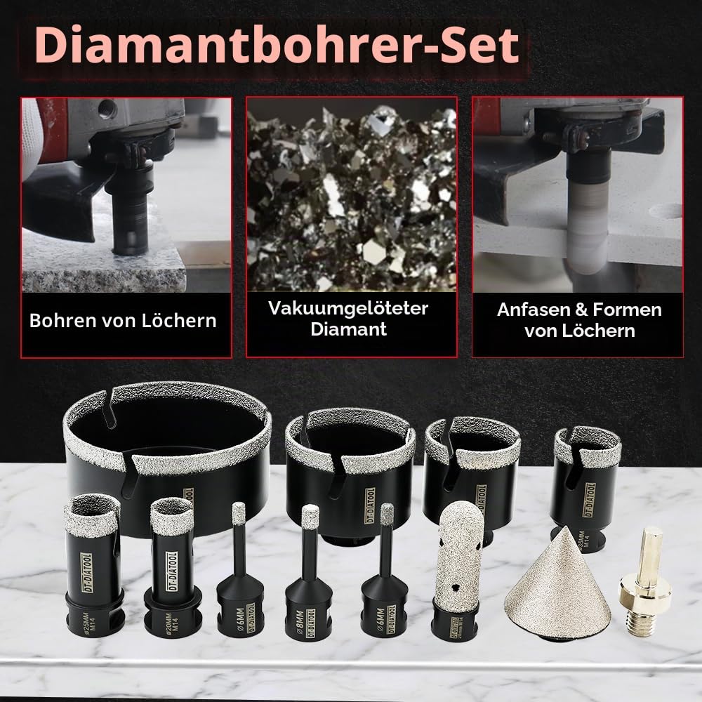 DT-DIATOOL Diamant-Fliesenbohrer 12-teilig M14 6/6/8/20/25/35/50/68/110mm+20mm Finger-Fräser+50mm Fa