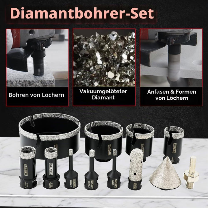 DT-DIATOOL Diamant-Fliesenbohrer 12-teilig M14 6/6/8/20/25/35/50/68/110mm+20mm Finger-Fräser+50mm Fa