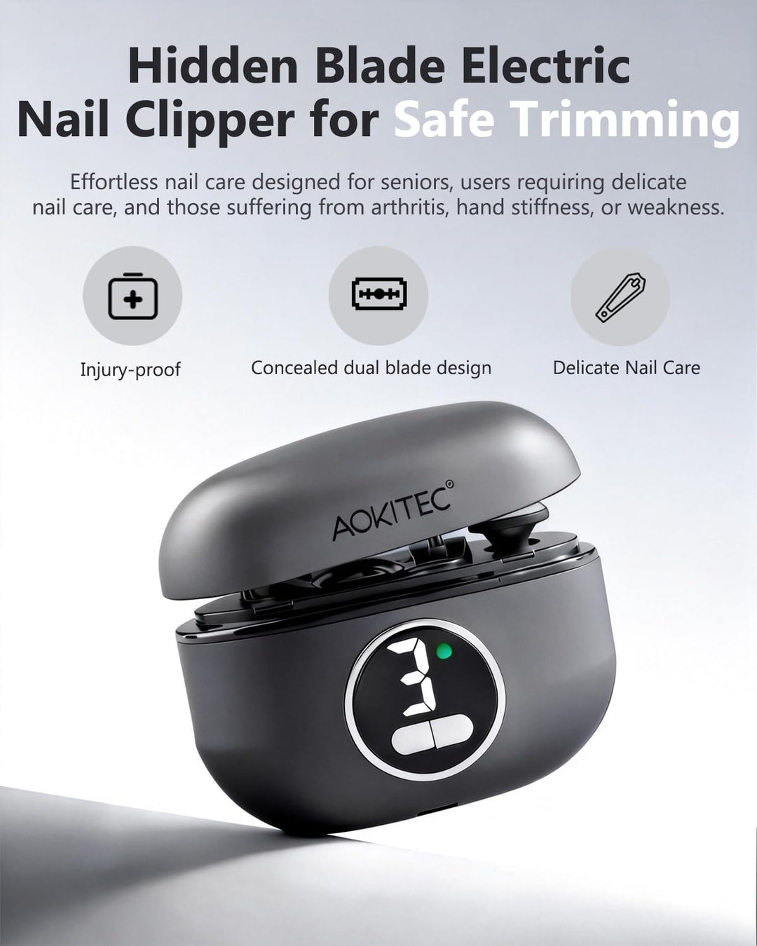 Aokitec Elektrischer Nagelknipser mit doppeltem Sicherheitsklingendesign LED-Licht 3-Speed, 2-in-1 N