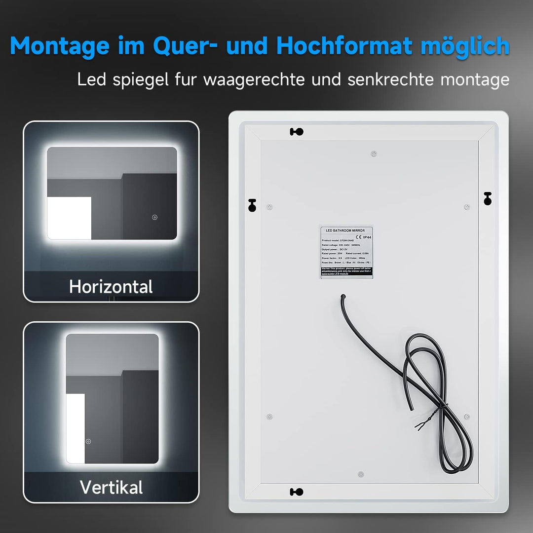 Elegant Badspiegel mit Beleuchtung Lichtspiegel LED Spiegel 80 x 50 cm kaltweiss IP44 Badezimmer Wan