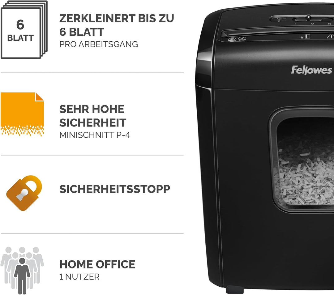 Fellowes Minicut Aktenvernichter 6 Blatt (P4), Papierschredder für Zuhause und Homeoffice, Powershre