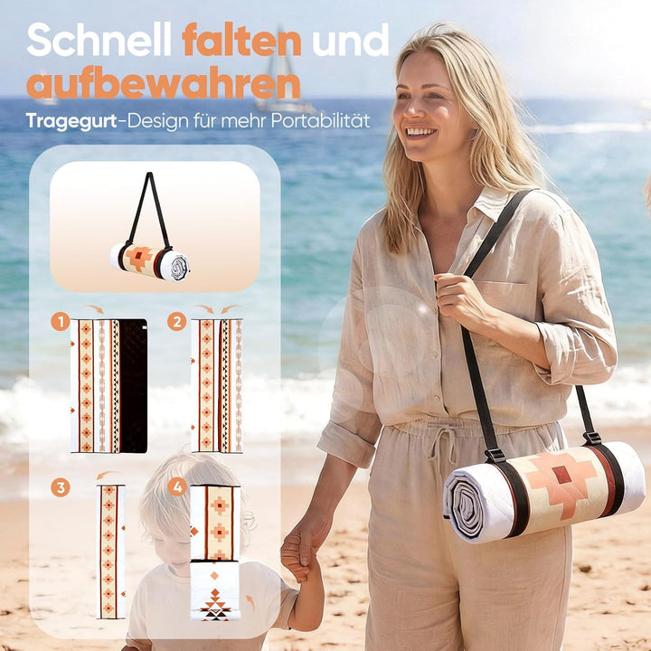 Sekey Boho Picknickdecke Wasserdicht 200x200 cm, Stranddecke Sandfrei | Gepolstert, Dreischichtige S