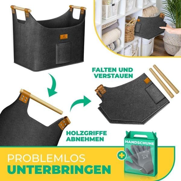 KESSER® Brennholzkorb XXL 90 Liter | Kaminholztasche extra dicker Filz | Feuerholzkorb faltbar mit v