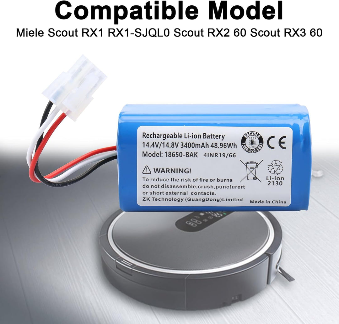 14,4 V 3400 mAh Lithium-Ionen-Akku, kompatibel mit Miele Scout RX1, RX1-SJQL0, RX2 60, RX3 60 (Miele