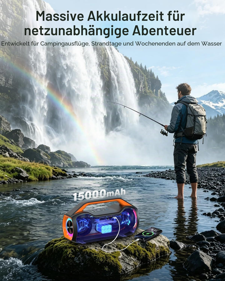 Bluetooth Lautsprecher Tragbare Musikbox,120W Peak Spitzenleistung, Bass Boost 2 * Subwoofer IP65 Wa