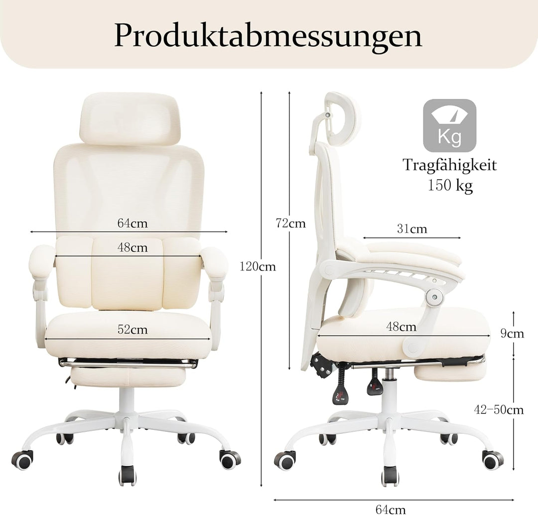 UEV Bürostuhl Ergonomisch mit Fussstütze, Homeoffice Stuhl, beige | Drehstuhl,Schreibtischstuhl,neig