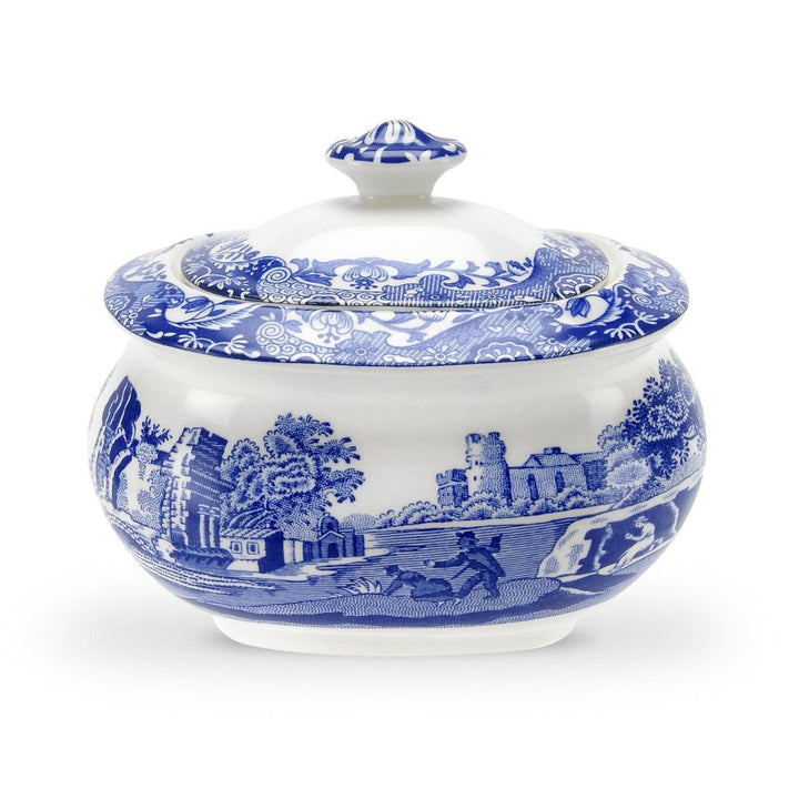 Spode Blaue italienische Zuckerdose mit Deckel.