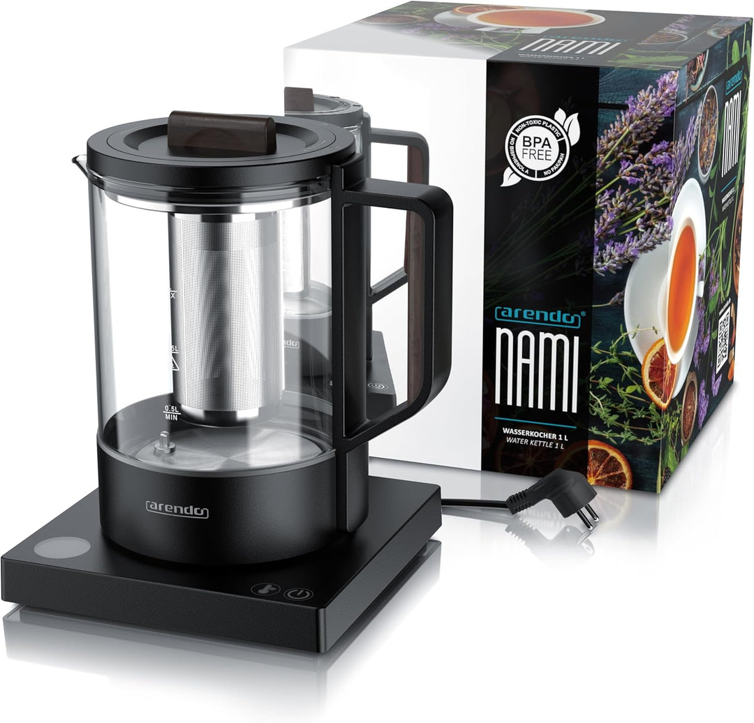Arendo - Glas Wasserkocher mit Temperatureinstellung - Edelstahl Teekocher 1 Liter – Integriertes Te